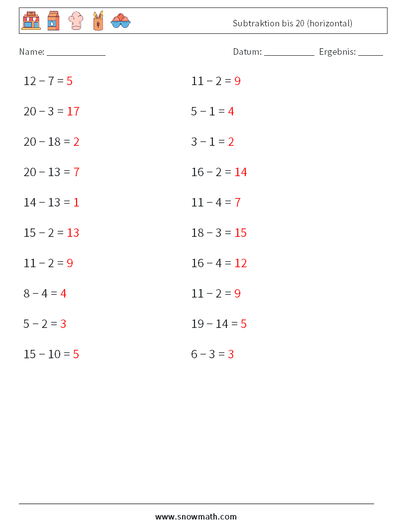 (20) Subtraktion bis 20 (horizontal) Mathe-Arbeitsblätter 4 Frage, Antwort