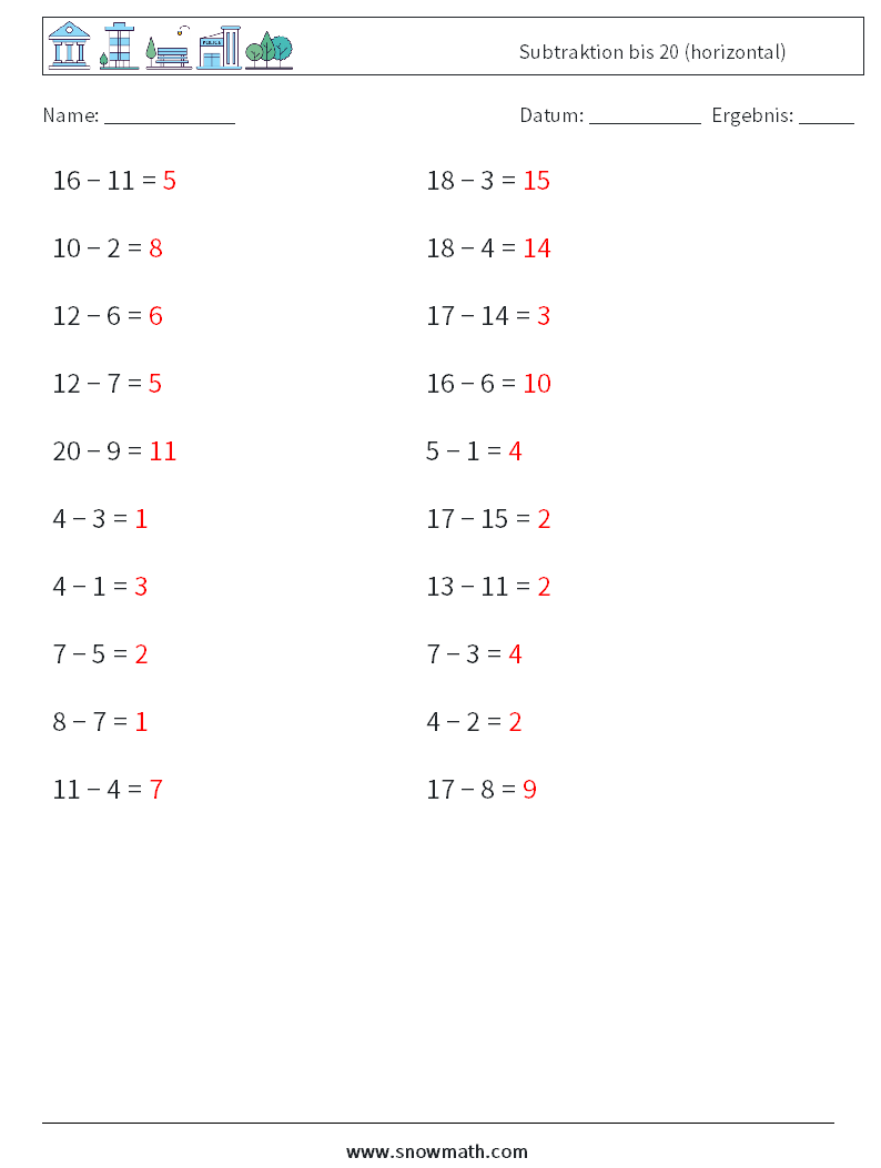 (20) Subtraktion bis 20 (horizontal) Mathe-Arbeitsblätter 5 Frage, Antwort
