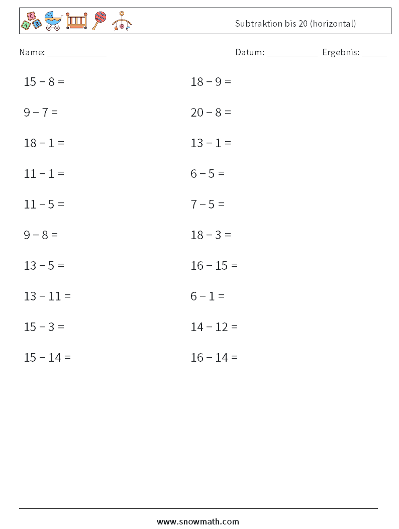 (20) Subtraktion bis 20 (horizontal) Mathe-Arbeitsblätter 6