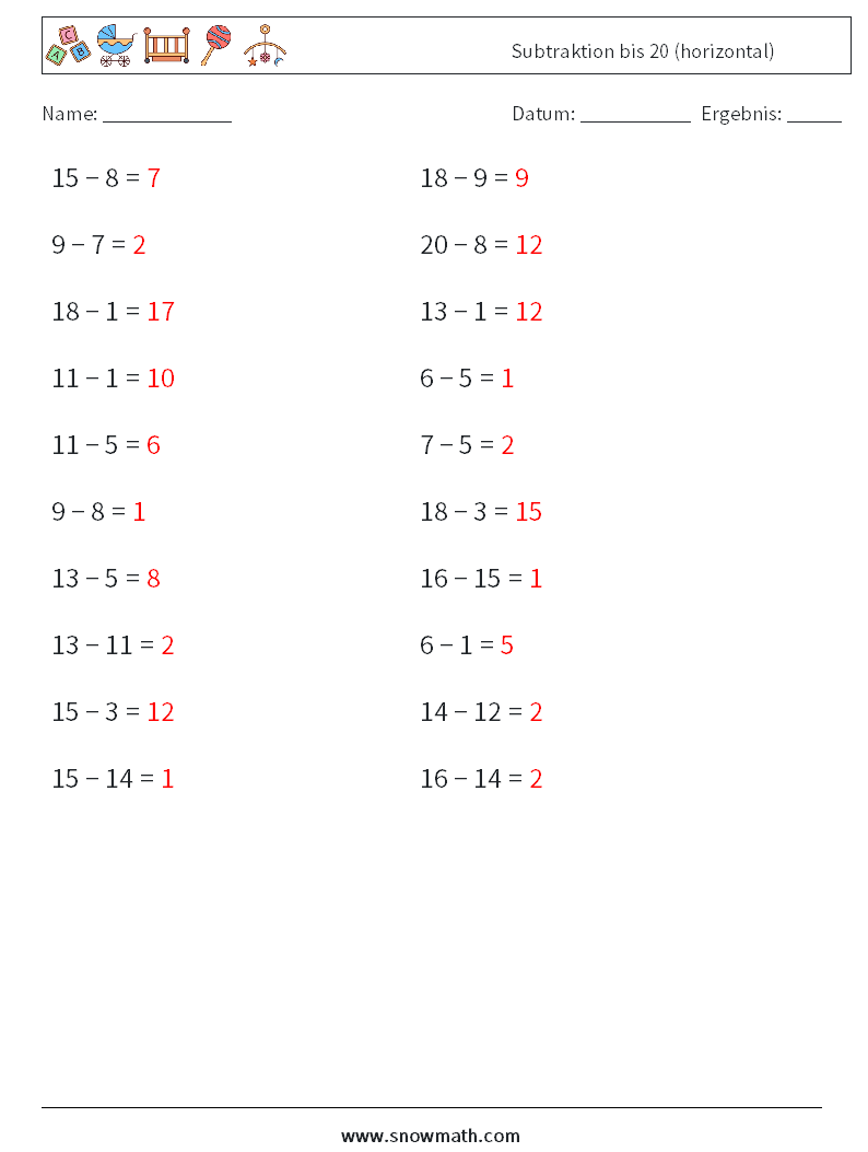 (20) Subtraktion bis 20 (horizontal) Mathe-Arbeitsblätter 6 Frage, Antwort
