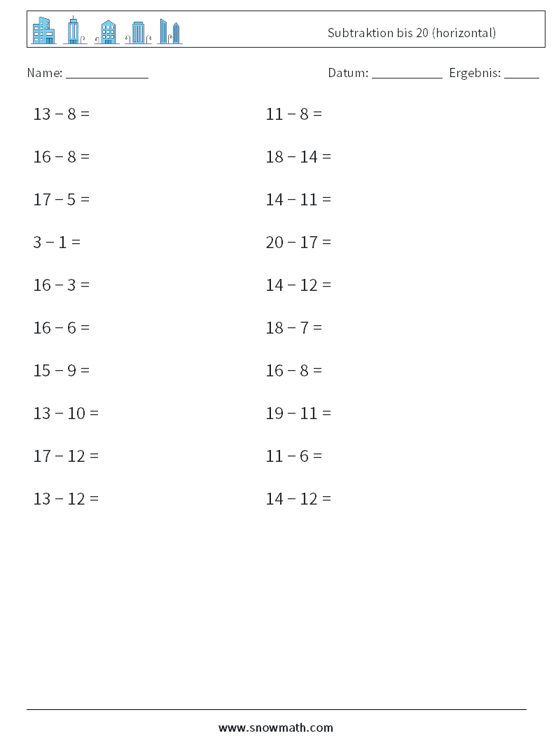 (20) Subtraktion bis 20 (horizontal) Mathe-Arbeitsblätter 7