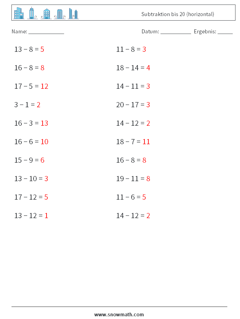 (20) Subtraktion bis 20 (horizontal) Mathe-Arbeitsblätter 7 Frage, Antwort