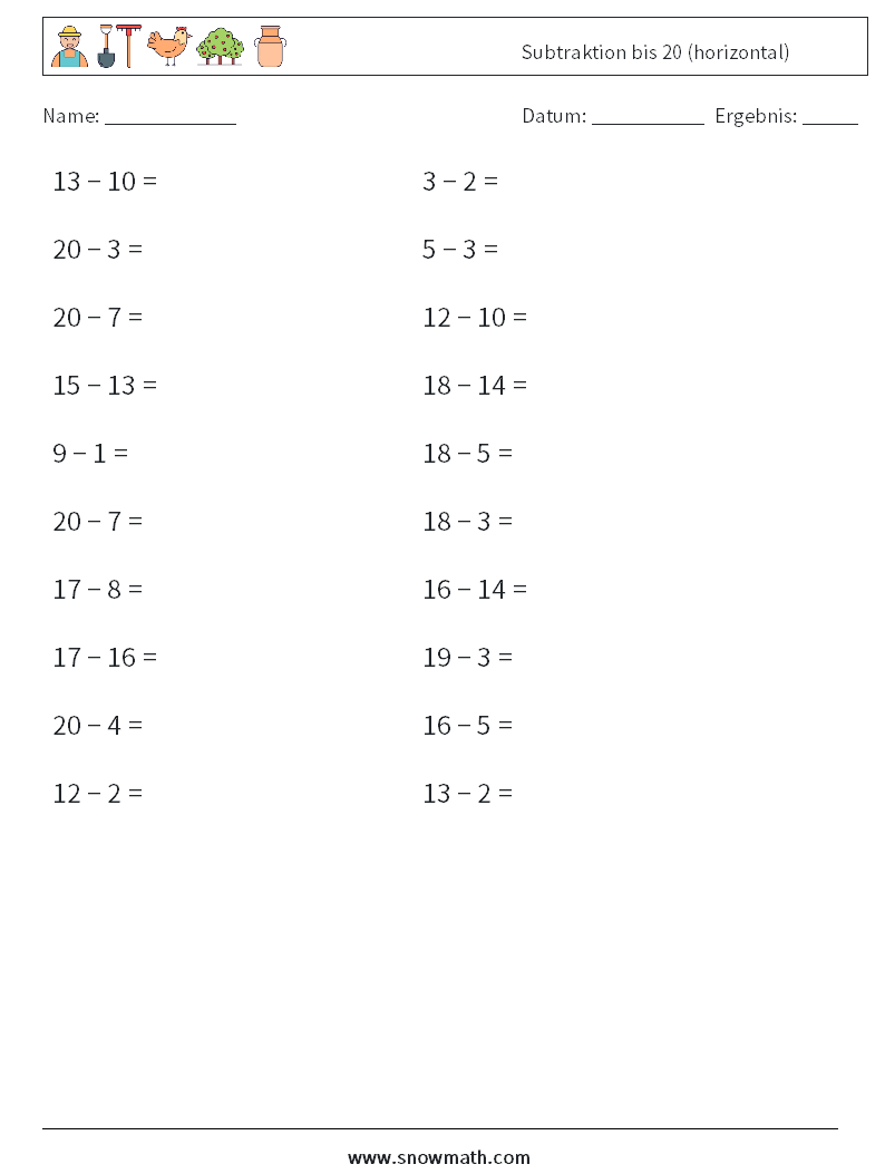 (20) Subtraktion bis 20 (horizontal) Mathe-Arbeitsblätter 8