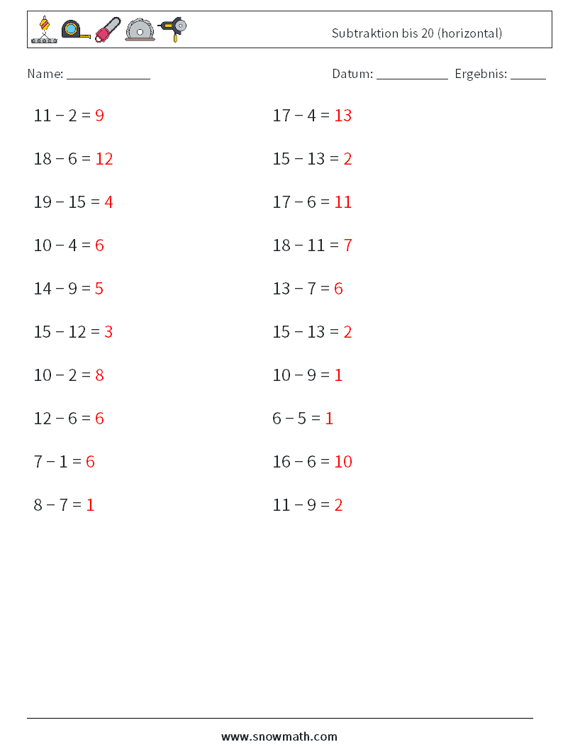 (20) Subtraktion bis 20 (horizontal) Mathe-Arbeitsblätter 9 Frage, Antwort