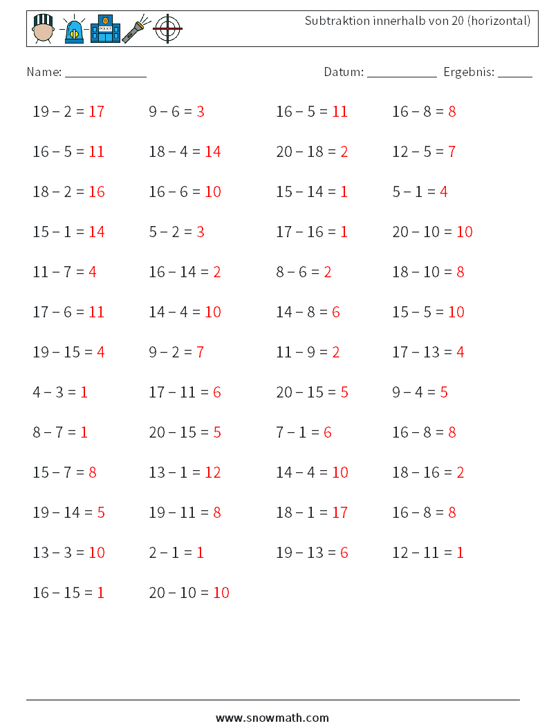(50) Subtraktion innerhalb von 20 (horizontal) Mathe-Arbeitsblätter 2 Frage, Antwort