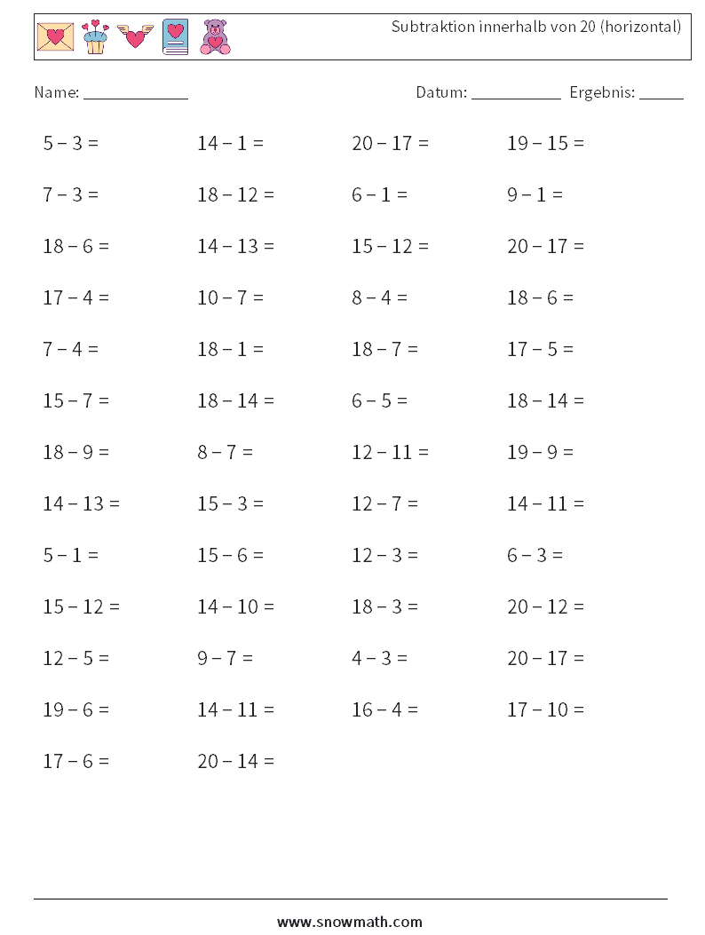(50) Subtraktion innerhalb von 20 (horizontal) Mathe-Arbeitsblätter 3