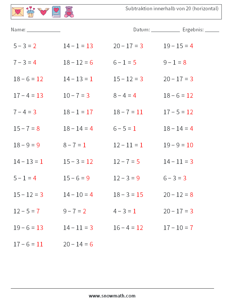 (50) Subtraktion innerhalb von 20 (horizontal) Mathe-Arbeitsblätter 3 Frage, Antwort