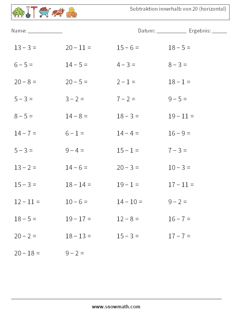 (50) Subtraktion innerhalb von 20 (horizontal) Mathe-Arbeitsblätter 5