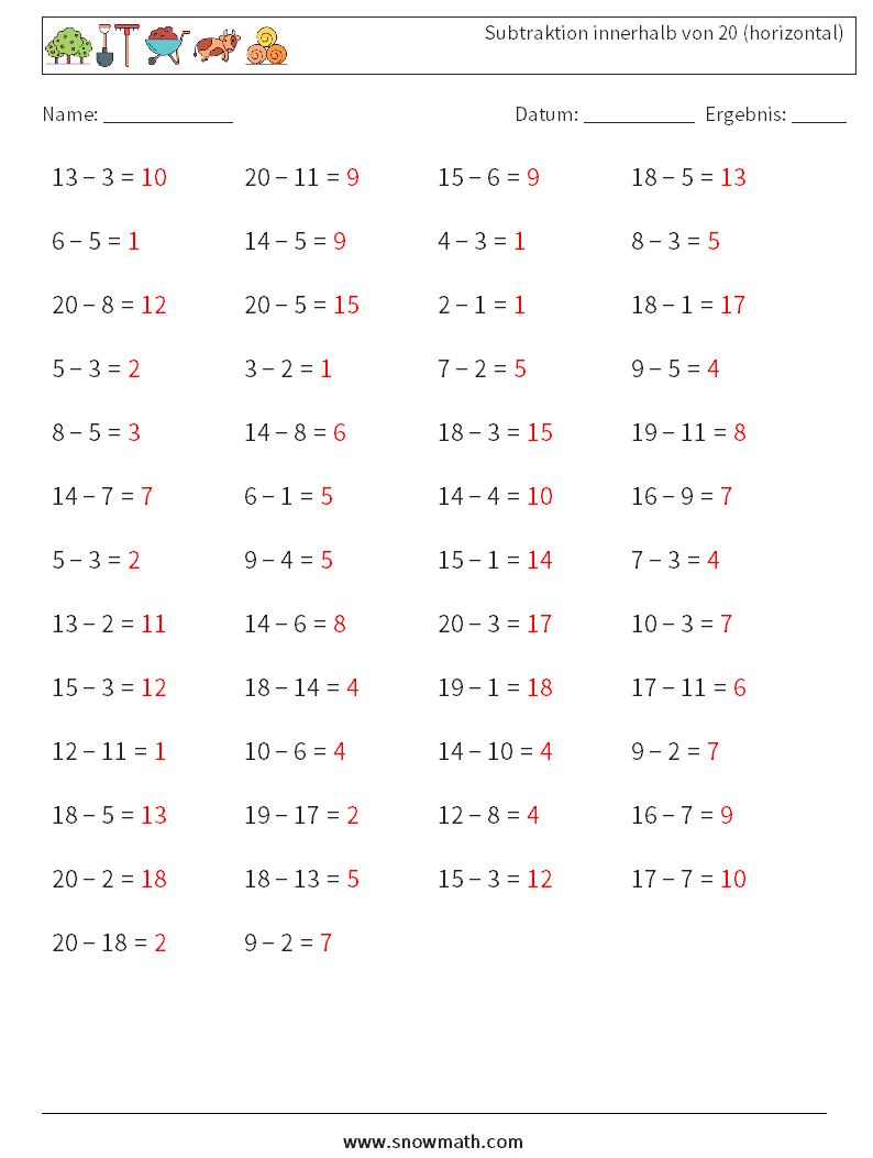 (50) Subtraktion innerhalb von 20 (horizontal) Mathe-Arbeitsblätter 5 Frage, Antwort