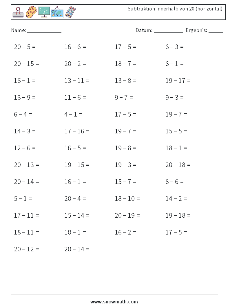 (50) Subtraktion innerhalb von 20 (horizontal) Mathe-Arbeitsblätter 7