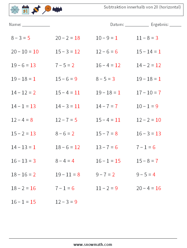 (50) Subtraktion innerhalb von 20 (horizontal) Mathe-Arbeitsblätter 8 Frage, Antwort