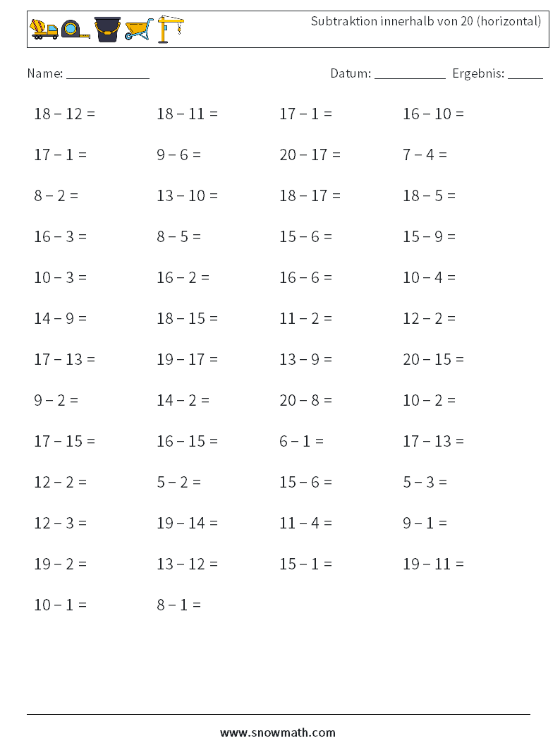 (50) Subtraktion innerhalb von 20 (horizontal) Mathe-Arbeitsblätter 9