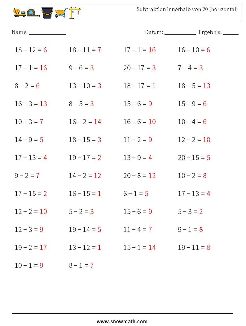(50) Subtraktion innerhalb von 20 (horizontal) Mathe-Arbeitsblätter 9 Frage, Antwort