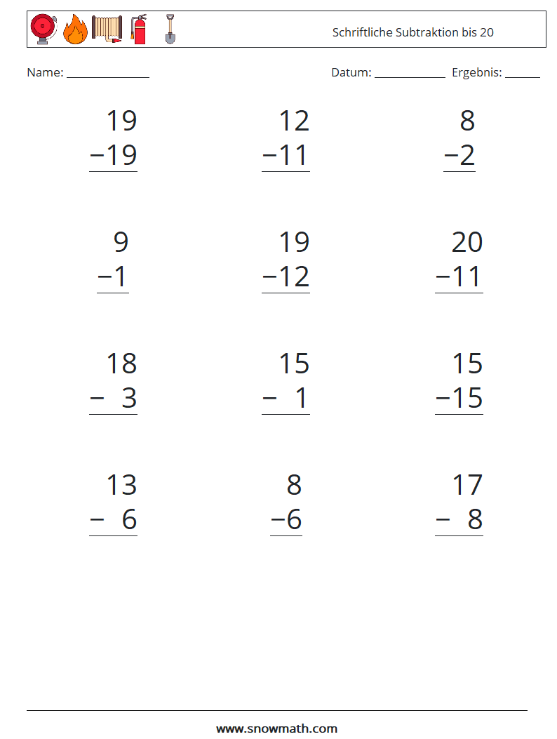 (12) Schriftliche Subtraktion bis 20 Mathe-Arbeitsblätter 10