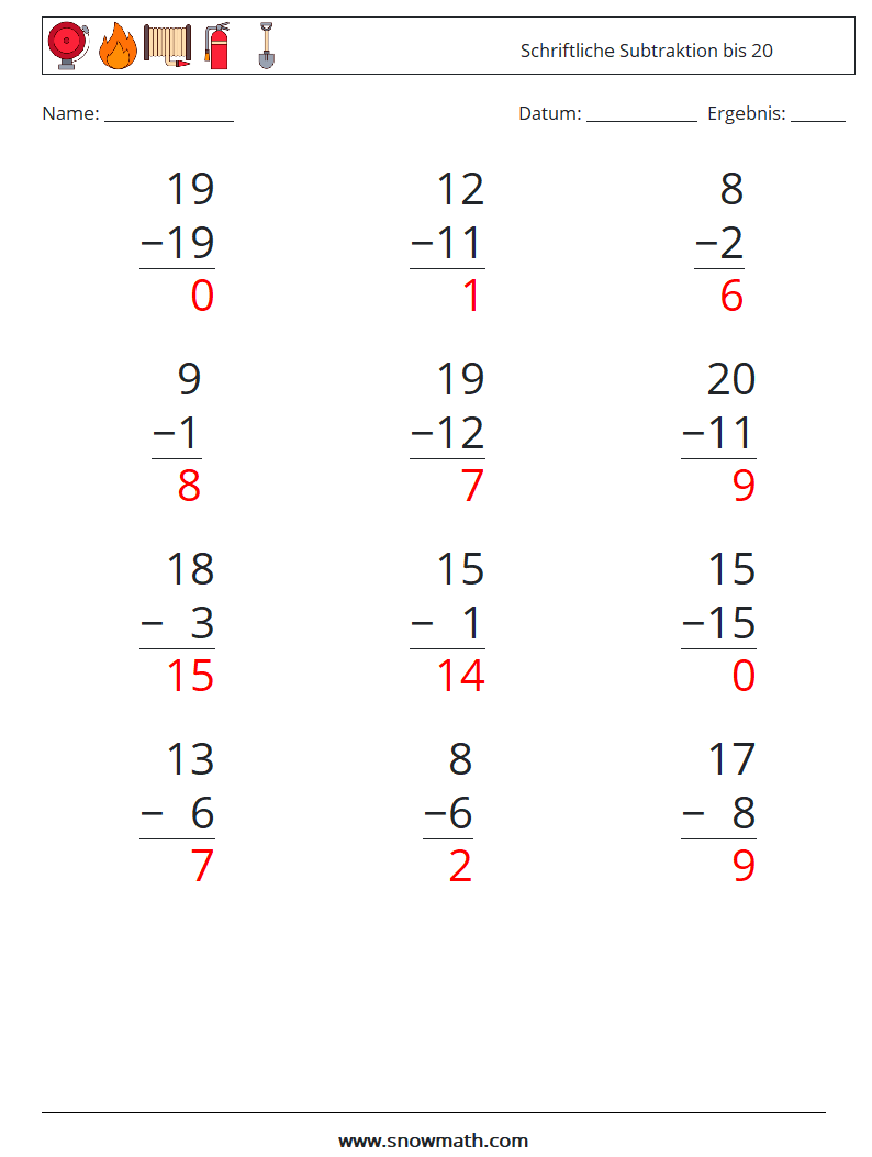 (12) Schriftliche Subtraktion bis 20 Mathe-Arbeitsblätter 10 Frage, Antwort