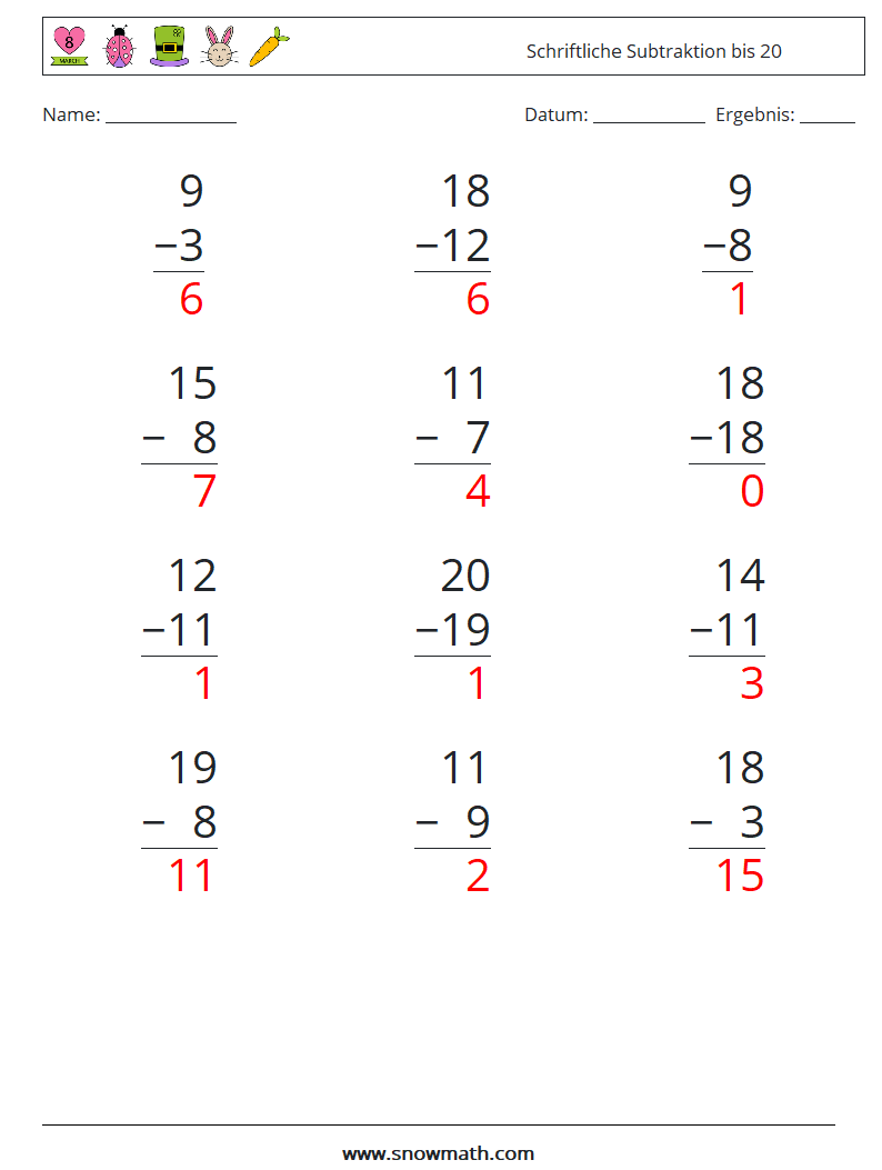 (12) Schriftliche Subtraktion bis 20 Mathe-Arbeitsblätter 14 Frage, Antwort