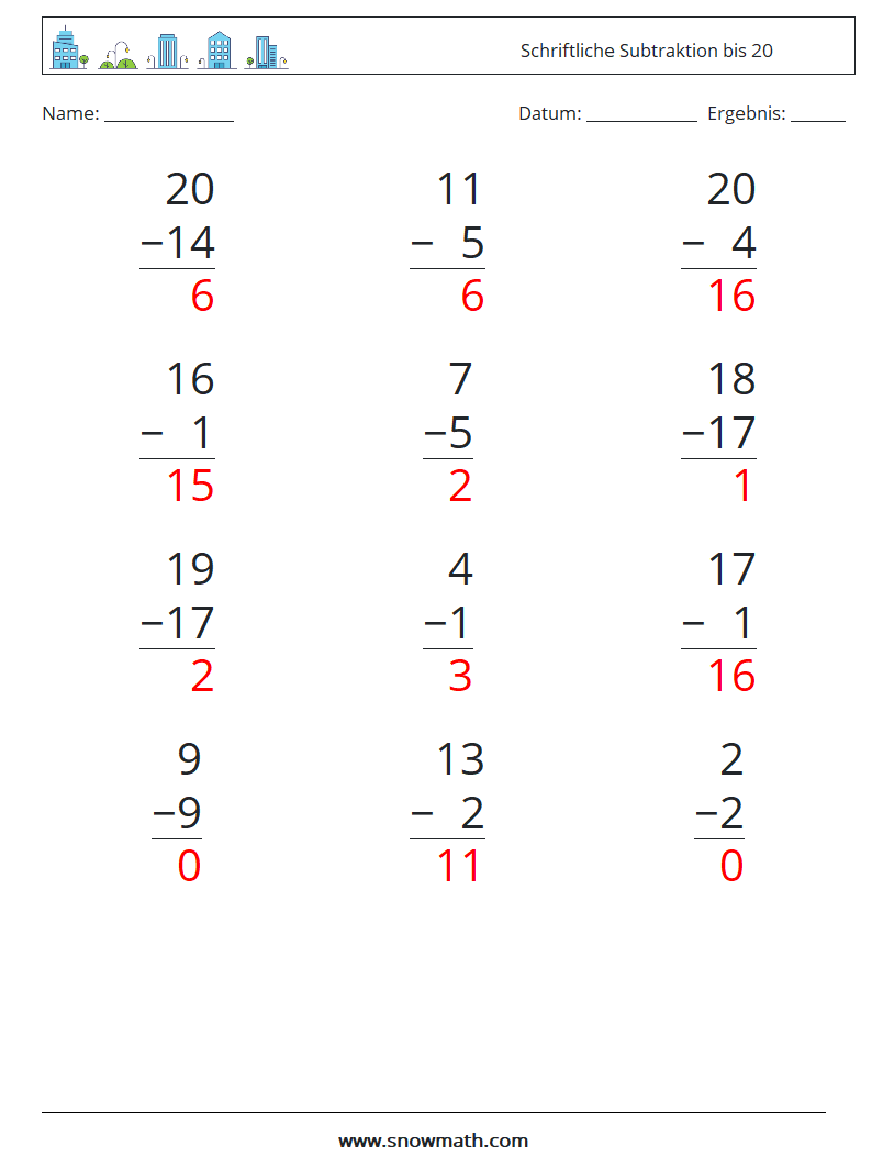 (12) Schriftliche Subtraktion bis 20 Mathe-Arbeitsblätter 15 Frage, Antwort