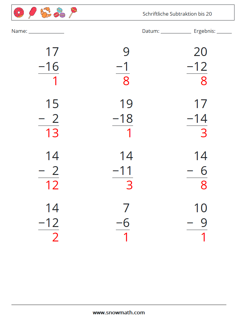 (12) Schriftliche Subtraktion bis 20 Mathe-Arbeitsblätter 18 Frage, Antwort