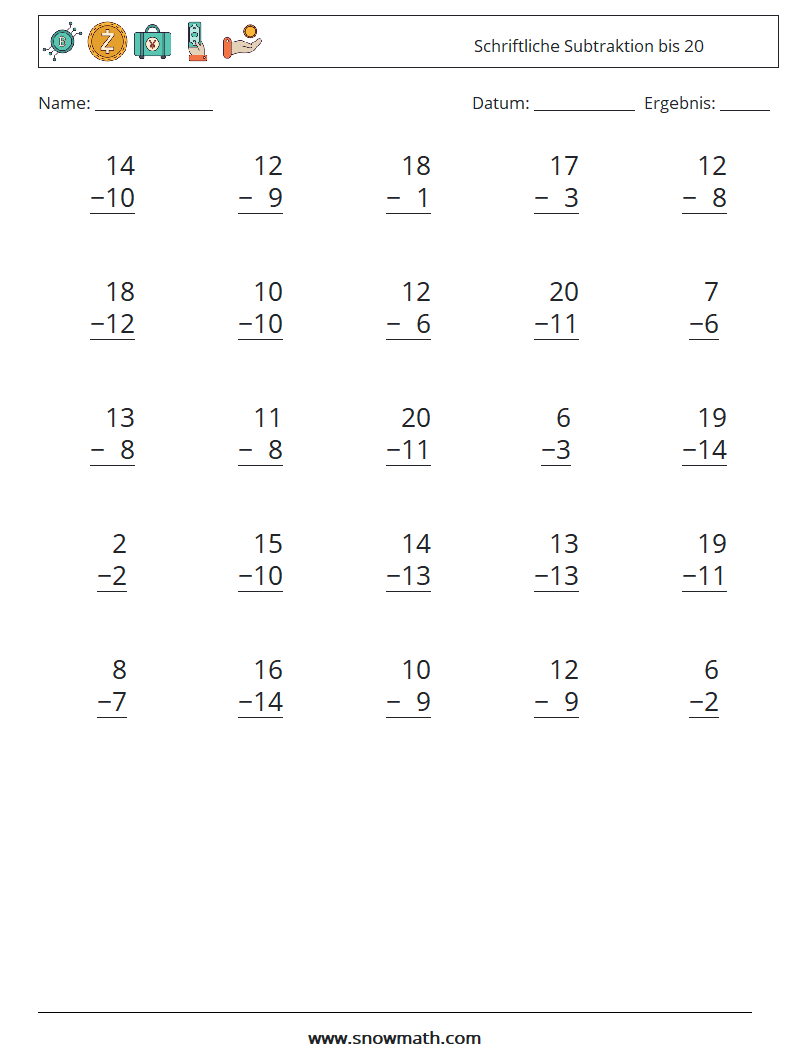 (25) Schriftliche Subtraktion bis 20 Mathe-Arbeitsblätter 10