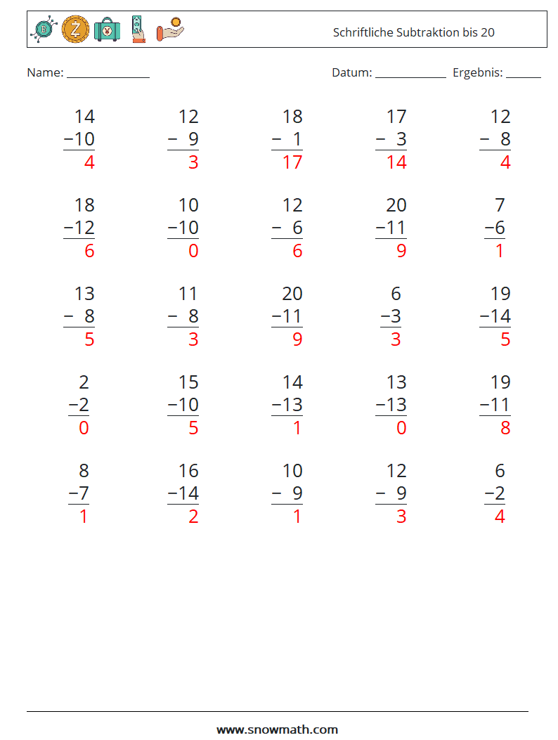 (25) Schriftliche Subtraktion bis 20 Mathe-Arbeitsblätter 10 Frage, Antwort