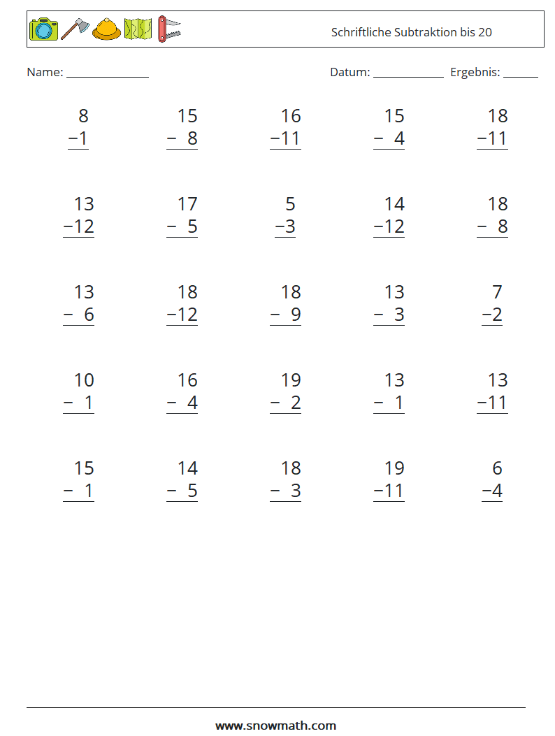 (25) Schriftliche Subtraktion bis 20 Mathe-Arbeitsblätter 11