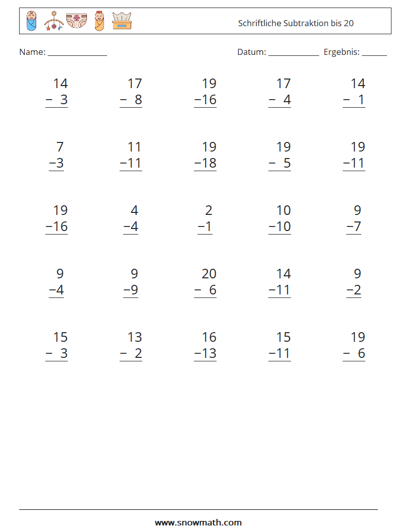 (25) Schriftliche Subtraktion bis 20 Mathe-Arbeitsblätter 12