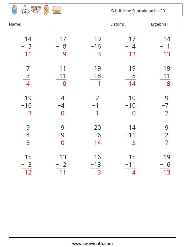 (25) Schriftliche Subtraktion bis 20 Mathe-Arbeitsblätter 12 Frage, Antwort
