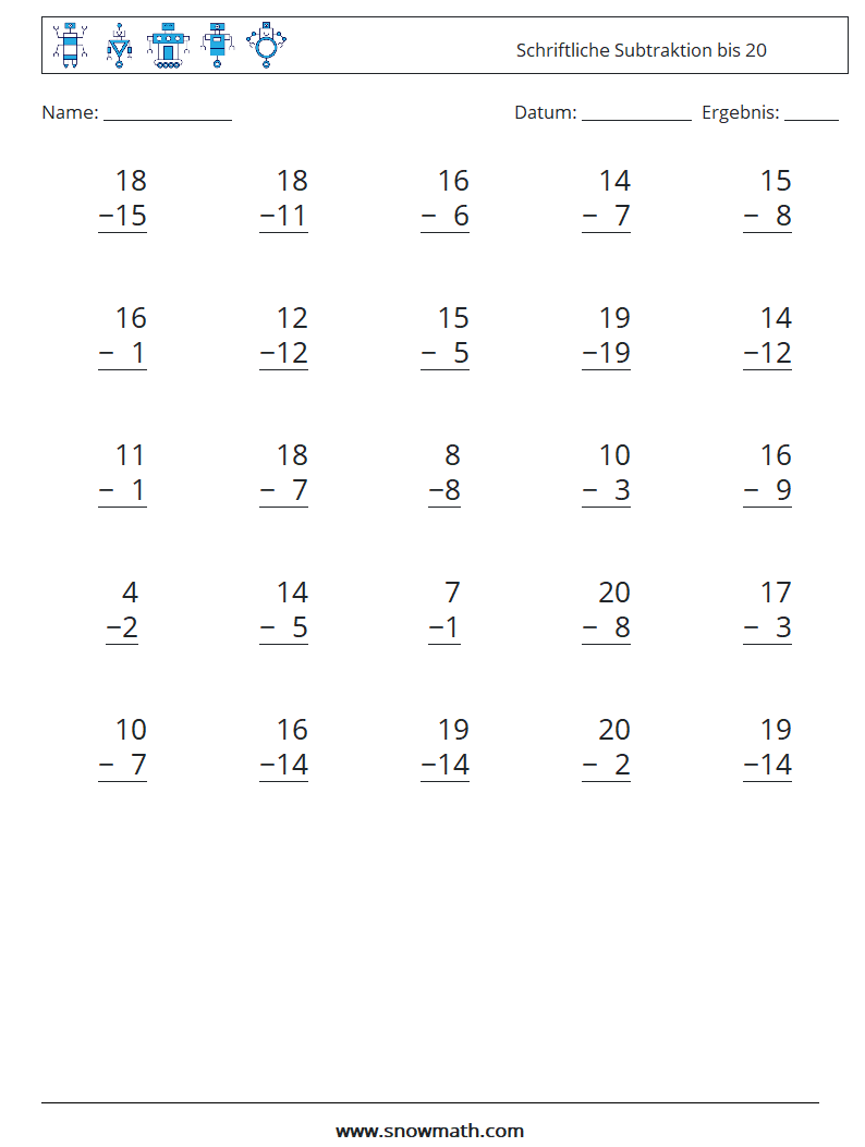 (25) Schriftliche Subtraktion bis 20 Mathe-Arbeitsblätter 13