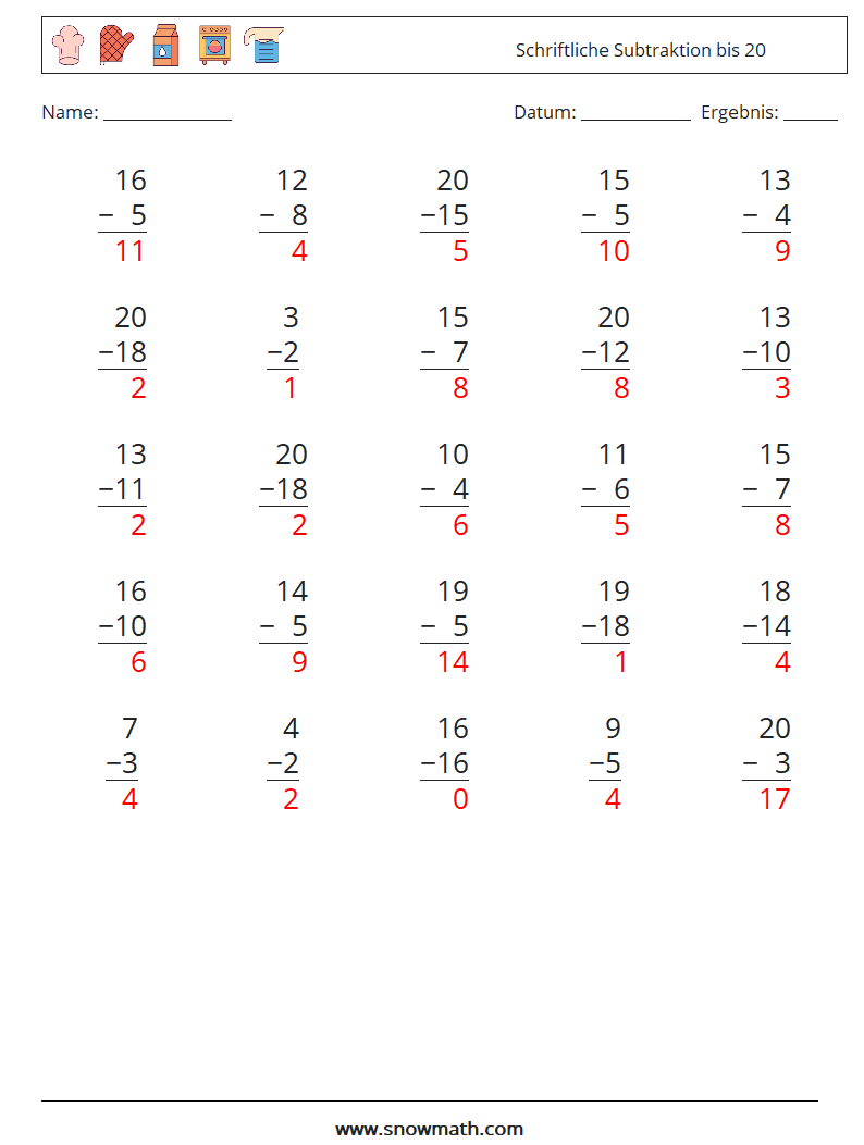 (25) Schriftliche Subtraktion bis 20 Mathe-Arbeitsblätter 14 Frage, Antwort