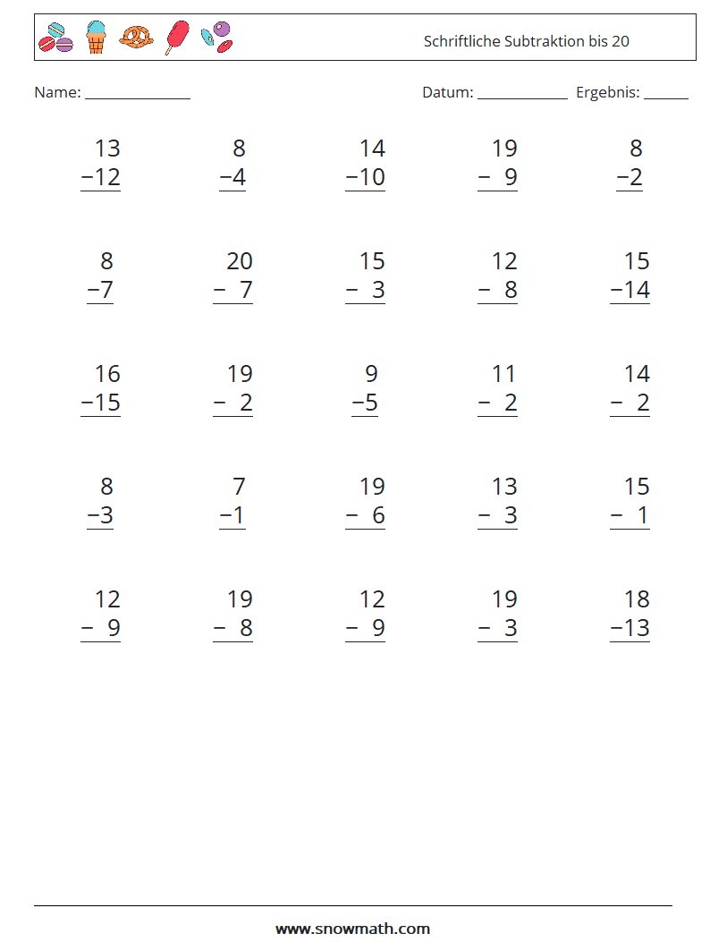 (25) Schriftliche Subtraktion bis 20 Mathe-Arbeitsblätter 15