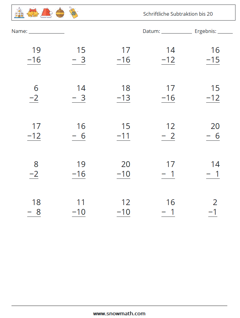 (25) Schriftliche Subtraktion bis 20 Mathe-Arbeitsblätter 16