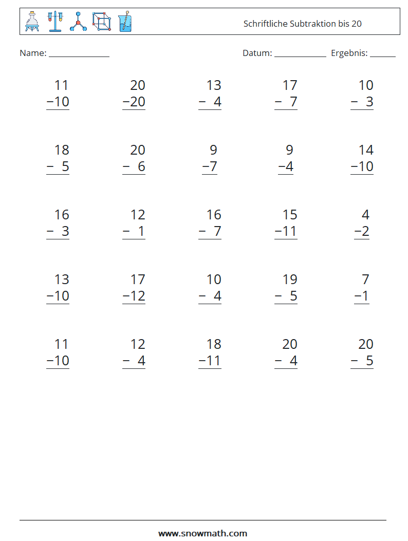 (25) Schriftliche Subtraktion bis 20 Mathe-Arbeitsblätter 17