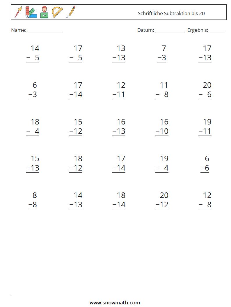 (25) Schriftliche Subtraktion bis 20 Mathe-Arbeitsblätter 18