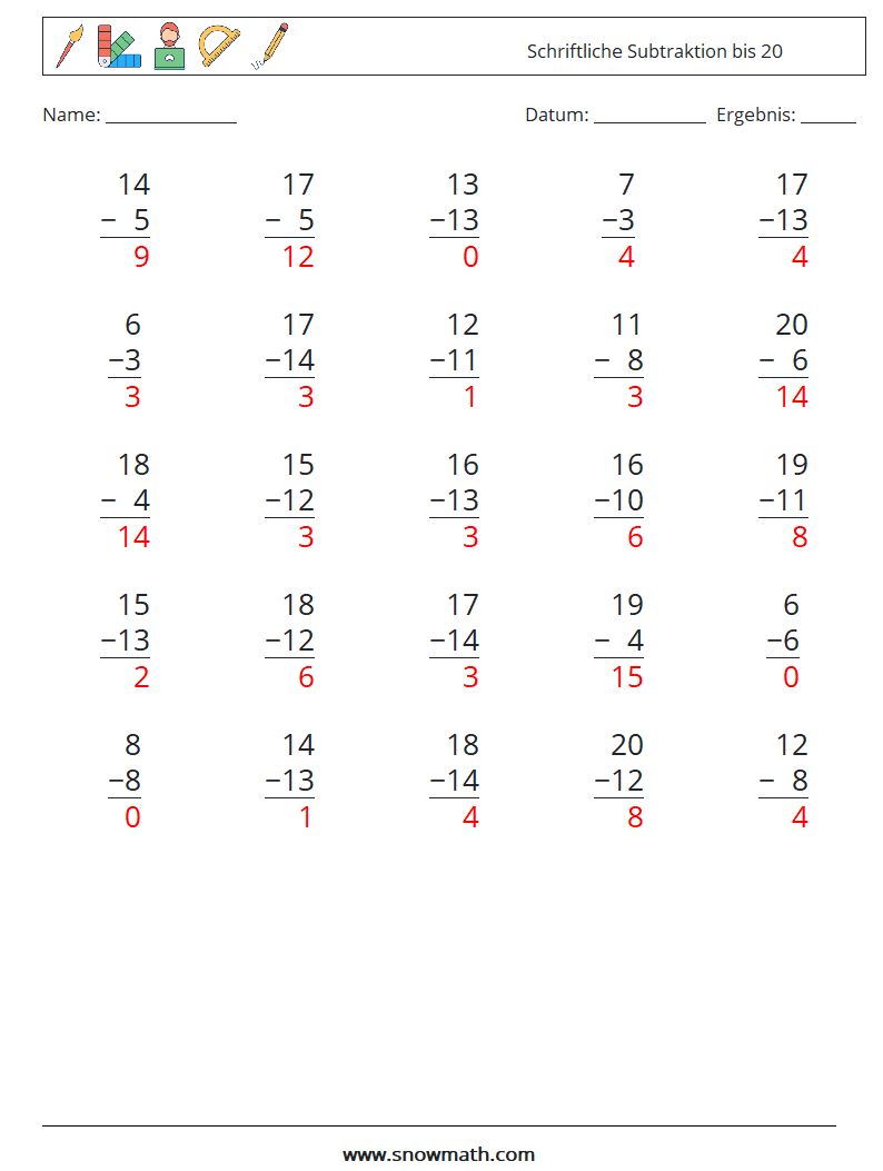 (25) Schriftliche Subtraktion bis 20 Mathe-Arbeitsblätter 18 Frage, Antwort