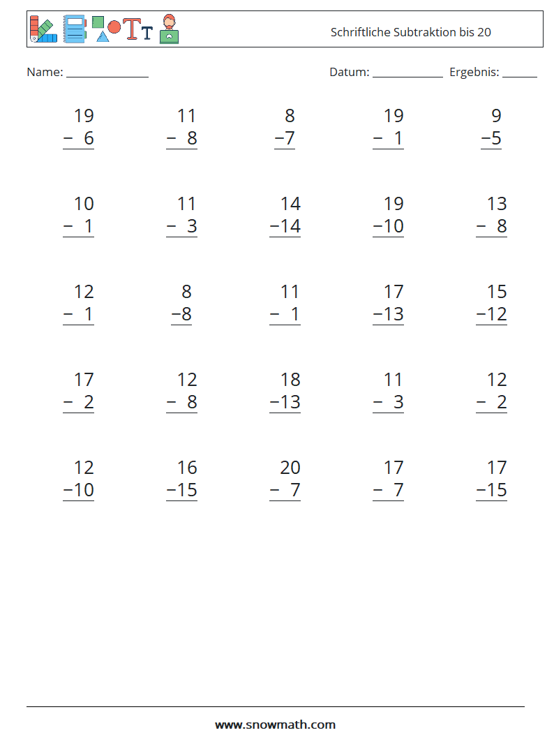 (25) Schriftliche Subtraktion bis 20 Mathe-Arbeitsblätter 3