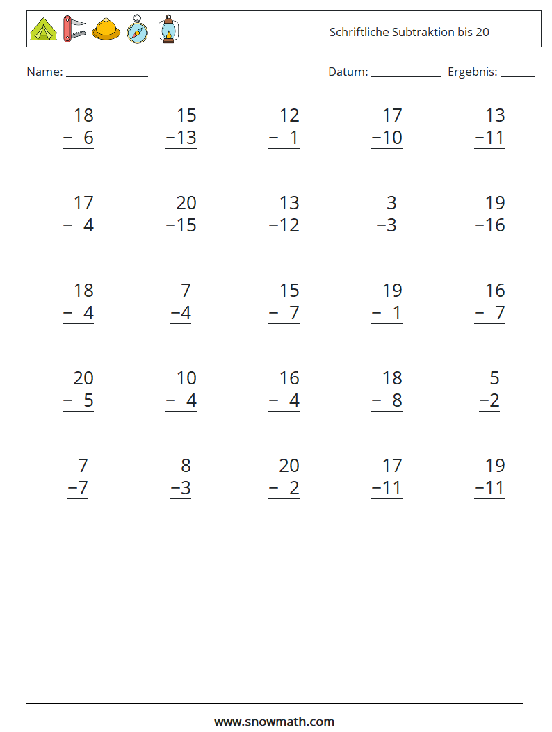 (25) Schriftliche Subtraktion bis 20 Mathe-Arbeitsblätter 5