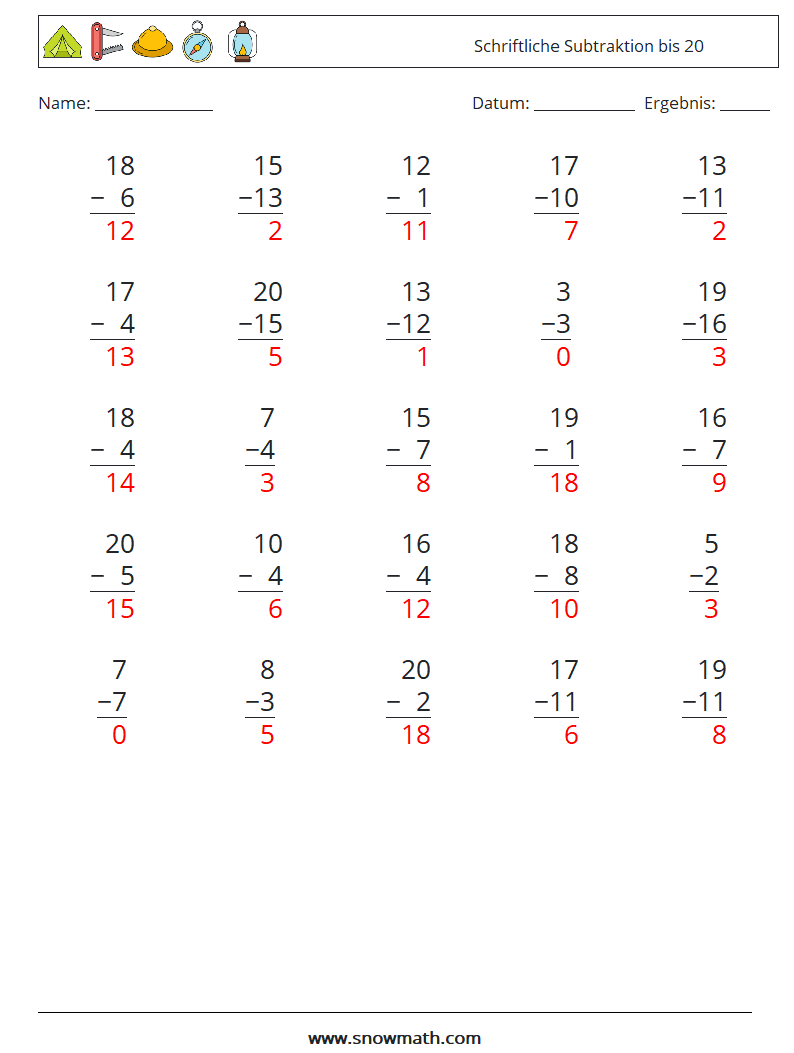(25) Schriftliche Subtraktion bis 20 Mathe-Arbeitsblätter 5 Frage, Antwort