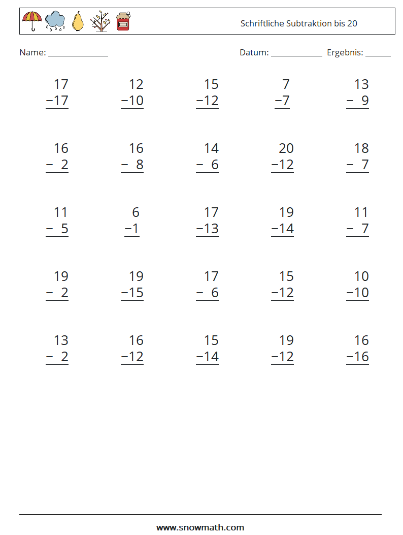 (25) Schriftliche Subtraktion bis 20 Mathe-Arbeitsblätter 6