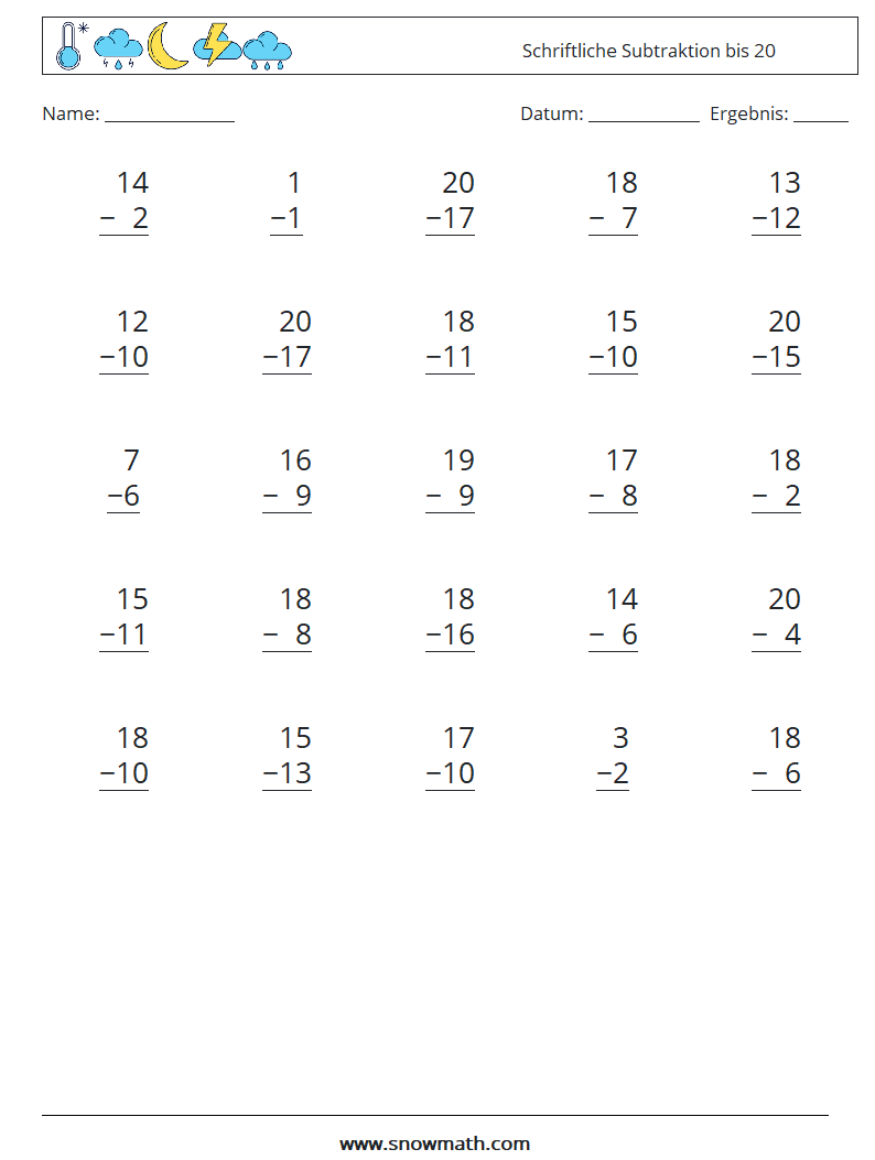 (25) Schriftliche Subtraktion bis 20 Mathe-Arbeitsblätter 7