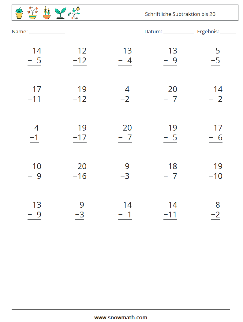 (25) Schriftliche Subtraktion bis 20 Mathe-Arbeitsblätter 8