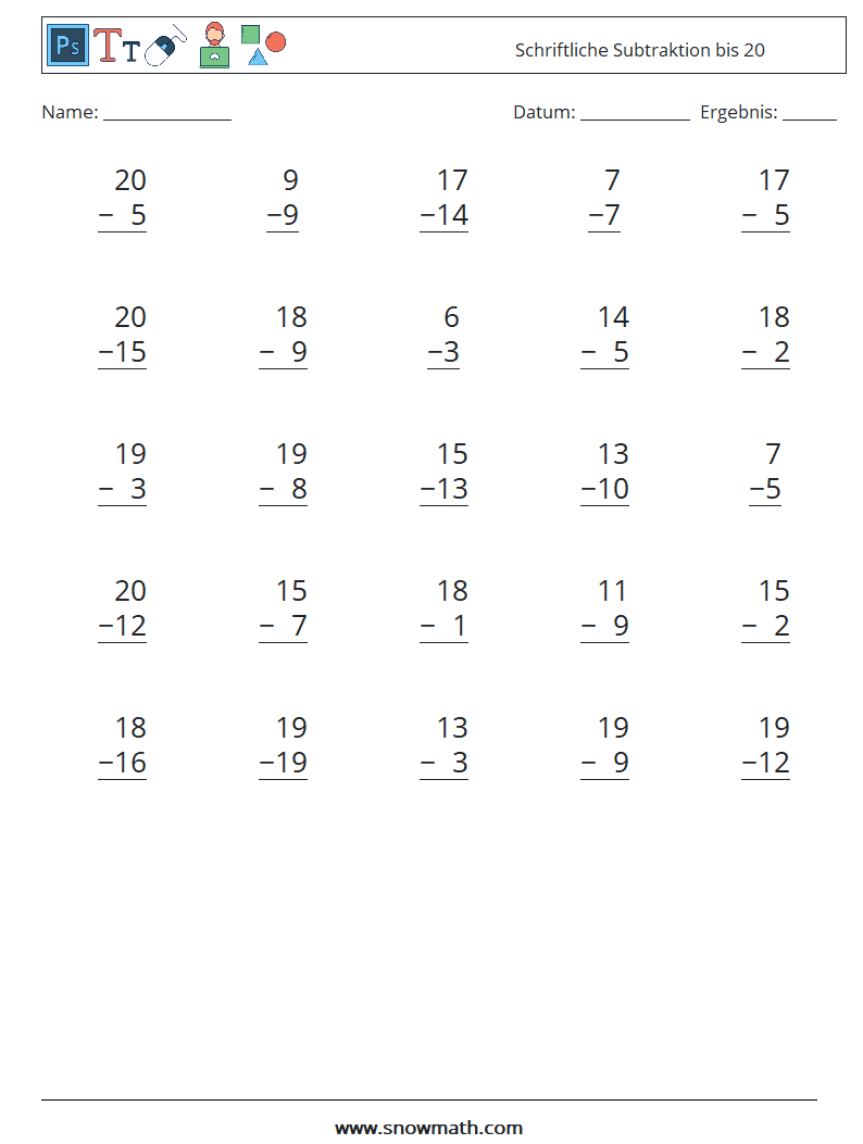 (25) Schriftliche Subtraktion bis 20 Mathe-Arbeitsblätter 9