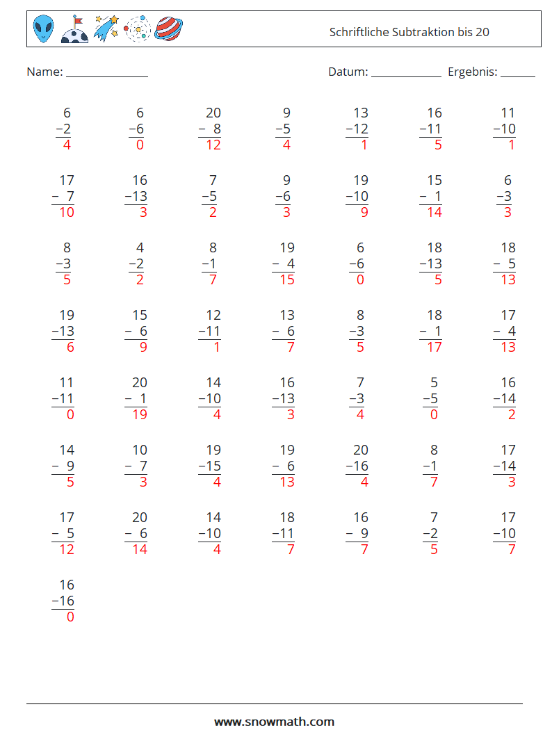 (50) Schriftliche Subtraktion bis 20 Mathe-Arbeitsblätter 10 Frage, Antwort