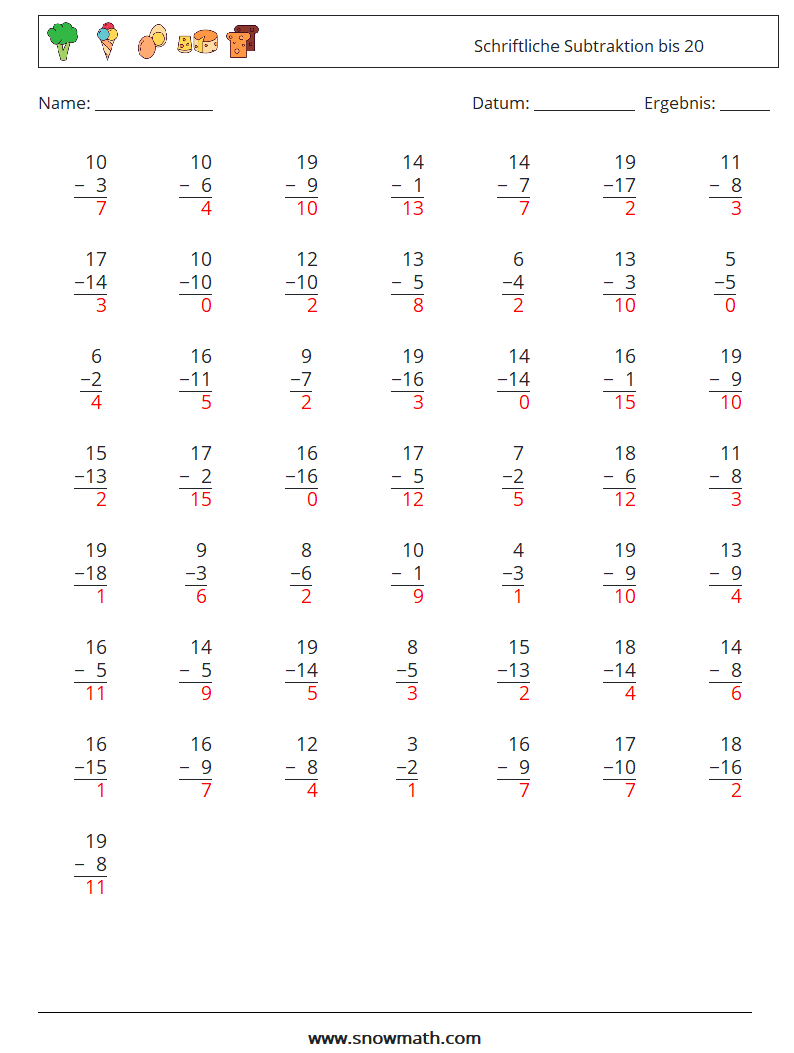 (50) Schriftliche Subtraktion bis 20 Mathe-Arbeitsblätter 11 Frage, Antwort