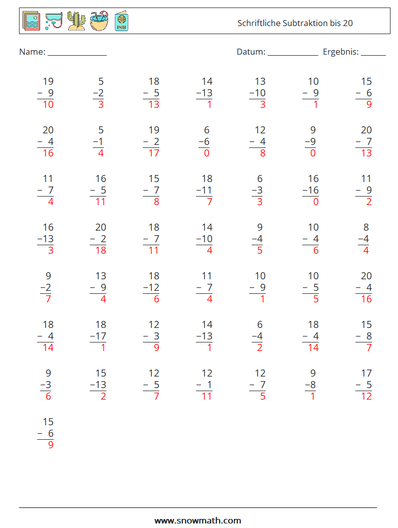 (50) Schriftliche Subtraktion bis 20 Mathe-Arbeitsblätter 12 Frage, Antwort