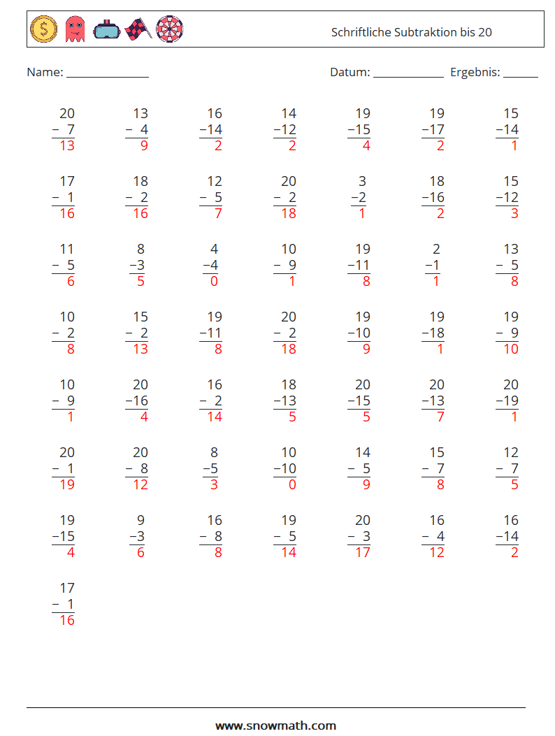 (50) Schriftliche Subtraktion bis 20 Mathe-Arbeitsblätter 13 Frage, Antwort