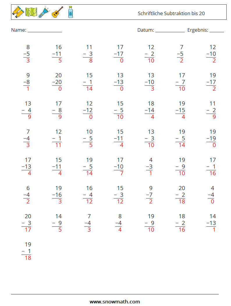 (50) Schriftliche Subtraktion bis 20 Mathe-Arbeitsblätter 14 Frage, Antwort