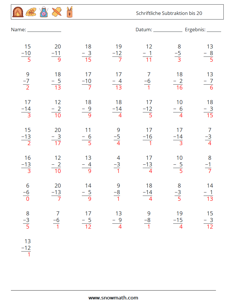 (50) Schriftliche Subtraktion bis 20 Mathe-Arbeitsblätter 15 Frage, Antwort