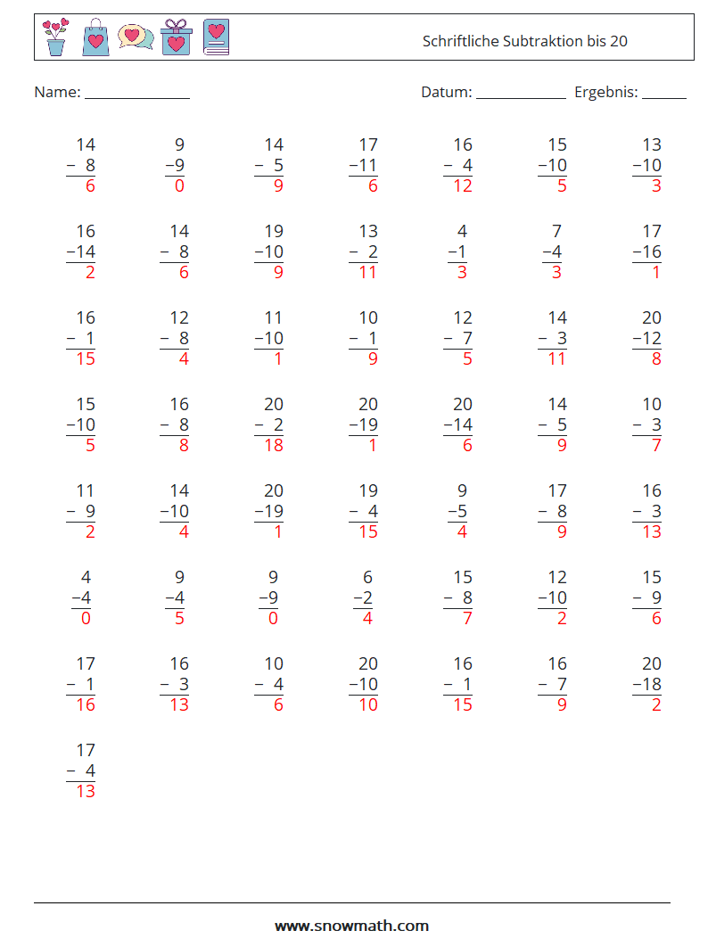 (50) Schriftliche Subtraktion bis 20 Mathe-Arbeitsblätter 17 Frage, Antwort