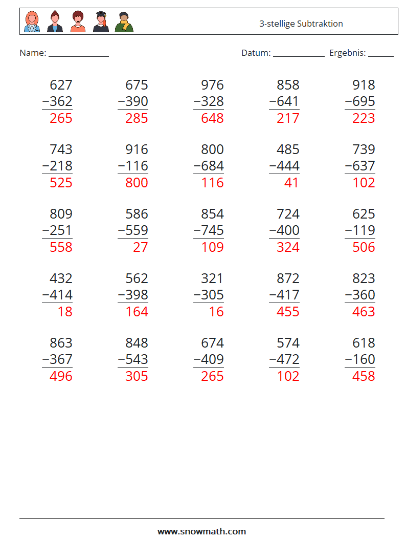 (25) 3-stellige Subtraktion Mathe-Arbeitsblätter 10 Frage, Antwort