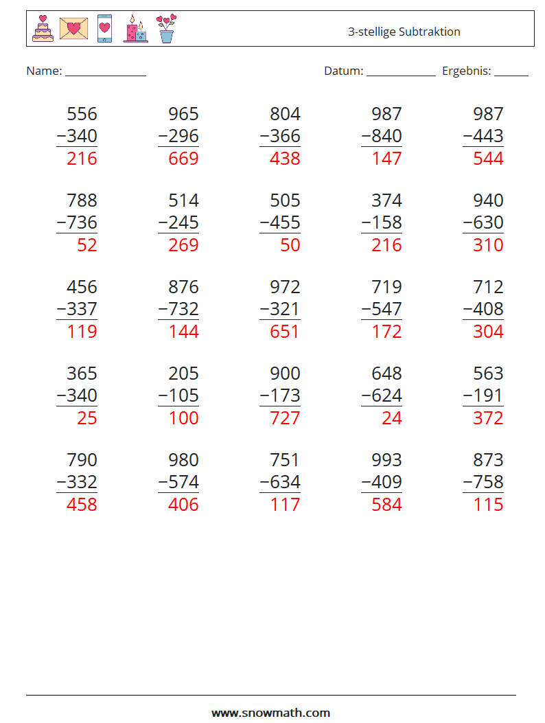 (25) 3-stellige Subtraktion Mathe-Arbeitsblätter 12 Frage, Antwort